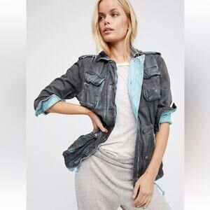 Free People Double Cloth Blue Gray Dye Zip Utility Jacket Size XS
